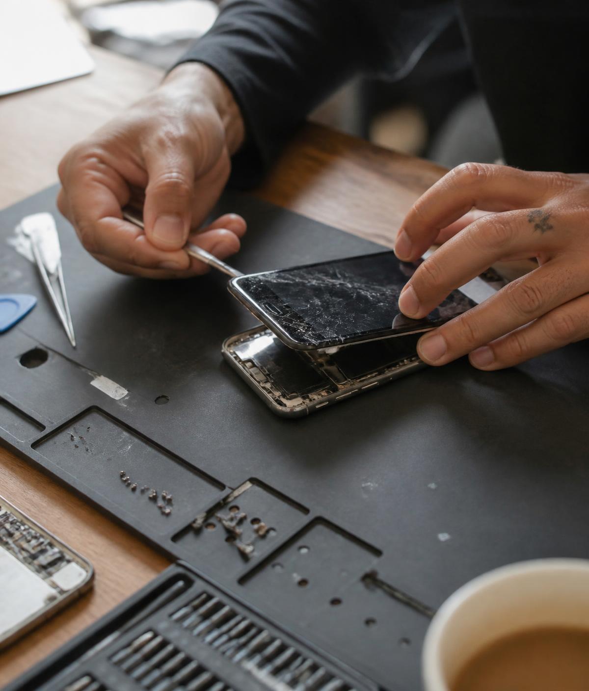 Smartphone screen being repaired with precision tools on a clean workbench